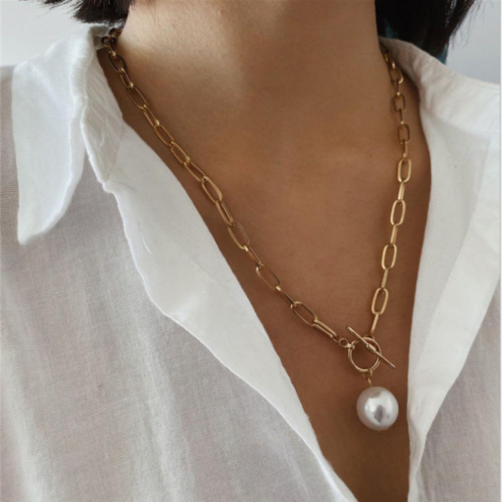 Quality Punk Simulated Pearl Pendant Necklaces for Women Shine Link Chain Layer Necklace Lasso Lariat Curb Cuban Collars Jewelry