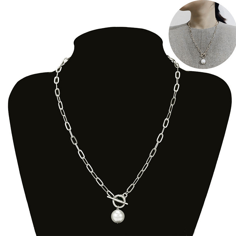 Quality Punk Simulated Pearl Pendant Necklaces for Women Shine Link Chain Layer Necklace Lasso Lariat Curb Cuban Collars Jewelry