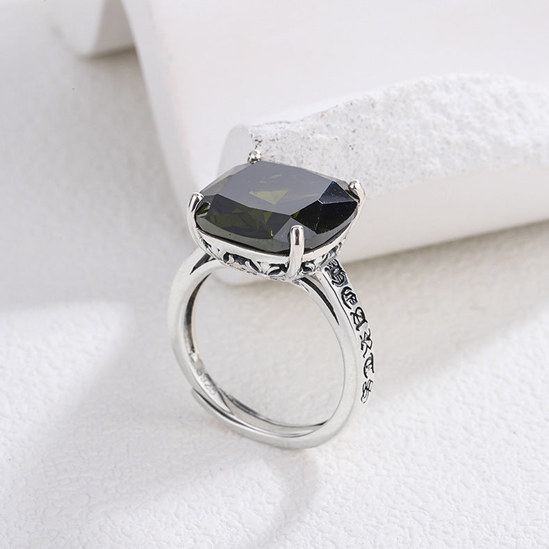 S925 Sterling Silver Square Zircon Ring Women's Ins Simple Push-pull Design