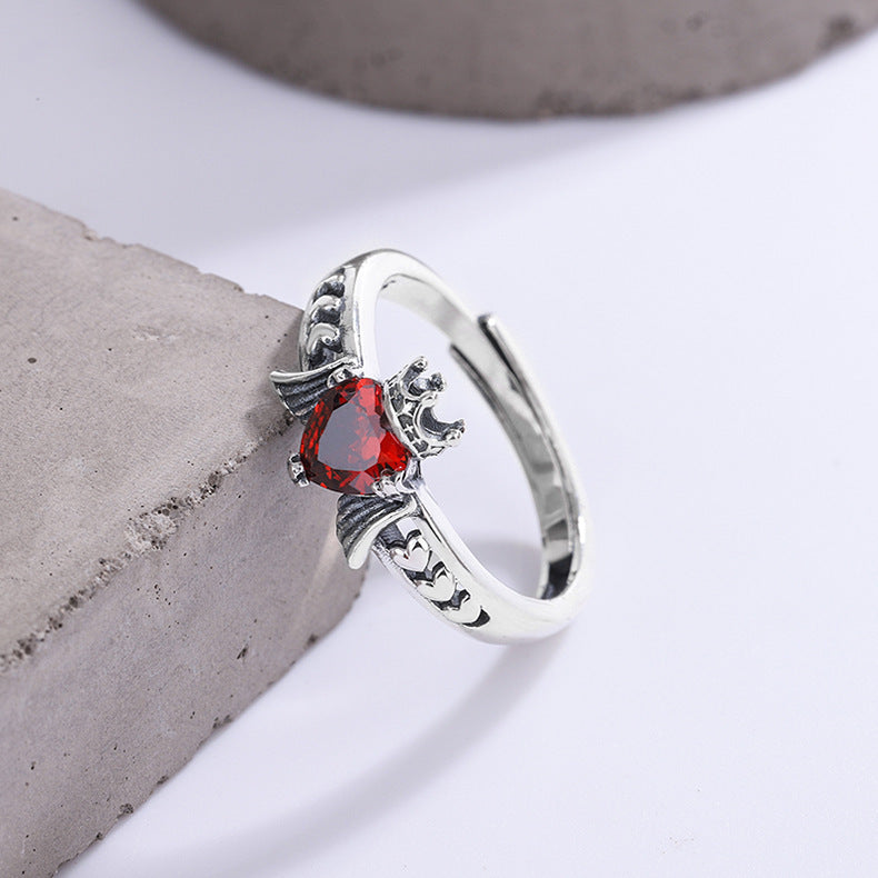 French S925 Silver Personality Love Crown Ring Female Hip Hop Ruby