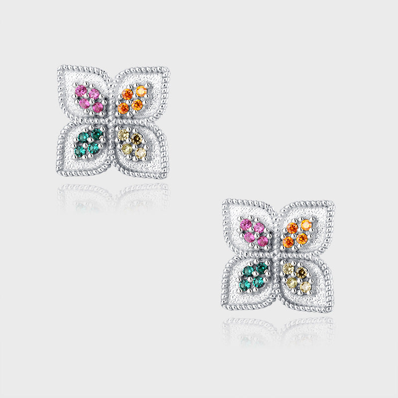 S925 Silver Four Leaf Grass Color Diamond Earrings