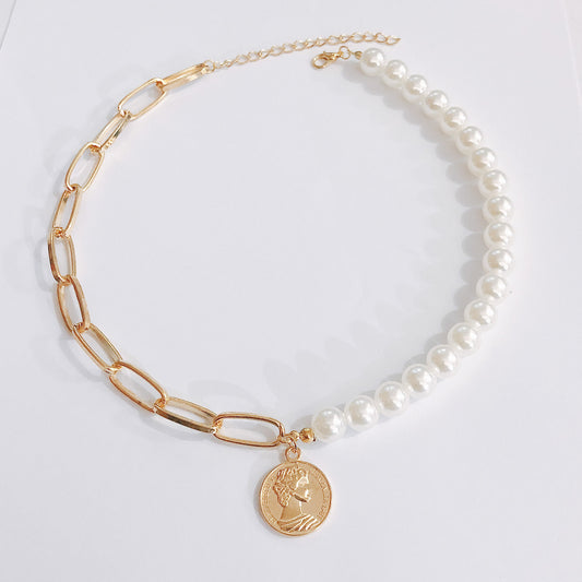 Pearl coin beauty head necklace