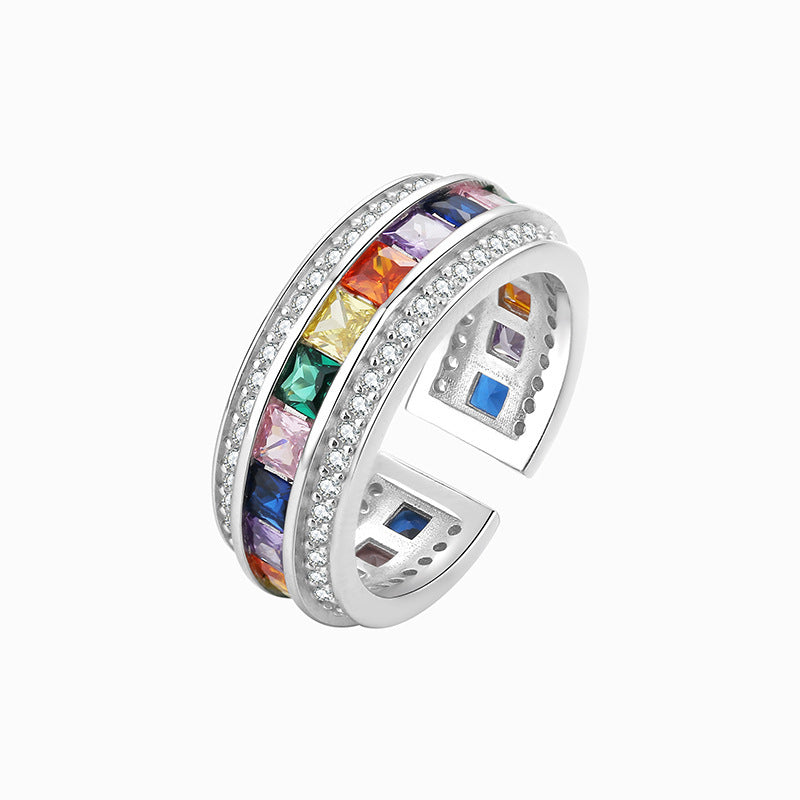 S925 Sterling Silver Light Luxury Set Rainbow Ring Female Colorful Full Diamond