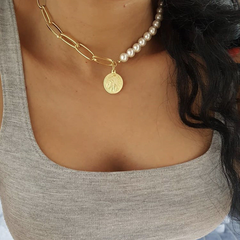 Pearl coin beauty head necklace