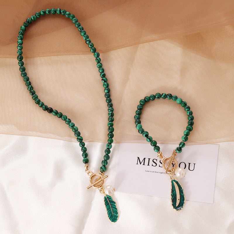 Unique Vintage Fashion Malachite Leaf & Pearl Jewelry