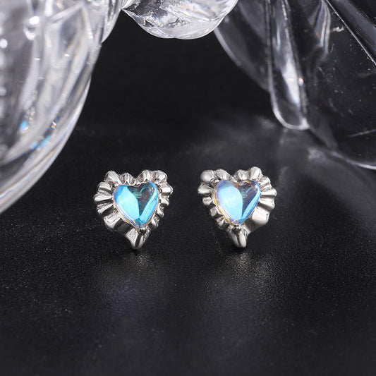 Sterling Silver 925 Vintage Sweet Cool Fancy Colored Stone Pleated Love Earrings