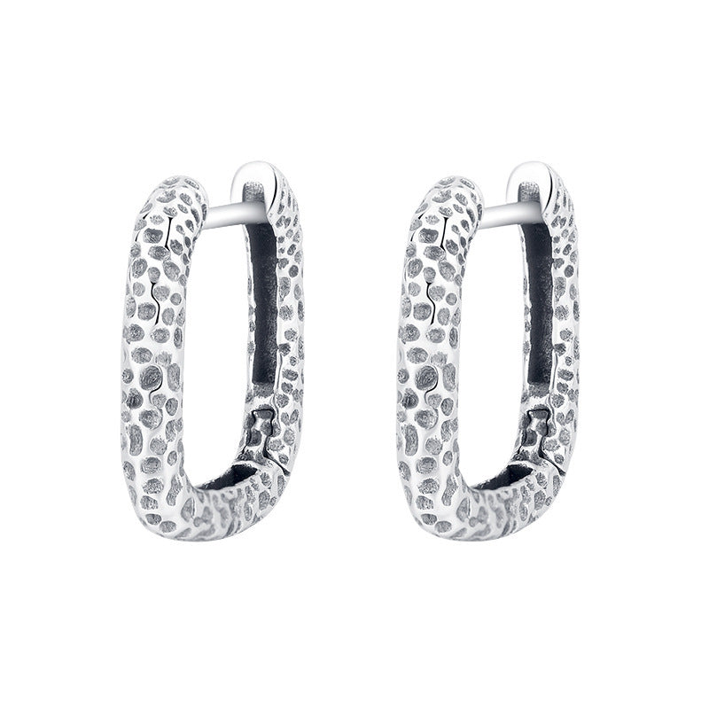 925 Sterling Silver Oval Metallic Bump Texture Geometric Personality Circle Earrings