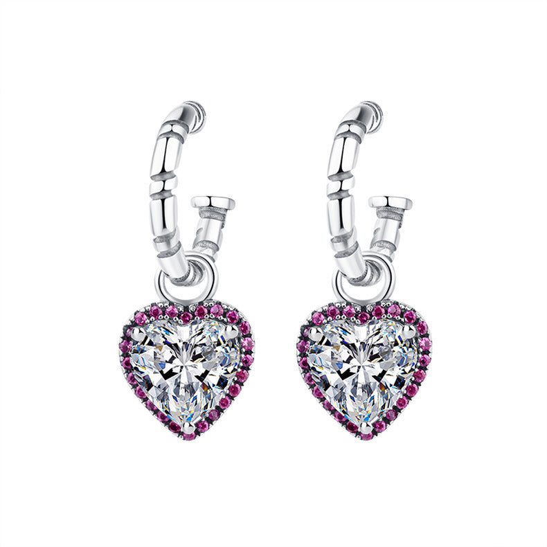 Sterling Silver Peach Heart Set Zircon Personalized Versatile Earrings