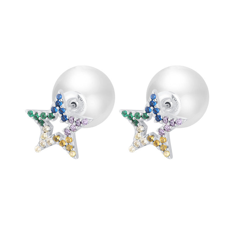 S925 Sterling Silver Pearl Zircon Five Pointed Star Color Diamond Front And Rear Multiple Wearing Earrings