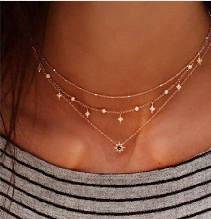 Women's Miraculous Multi-layer Long Necklace with Turkish Eye Pendant, Fashion Crystal Star and Water Drop Necklace