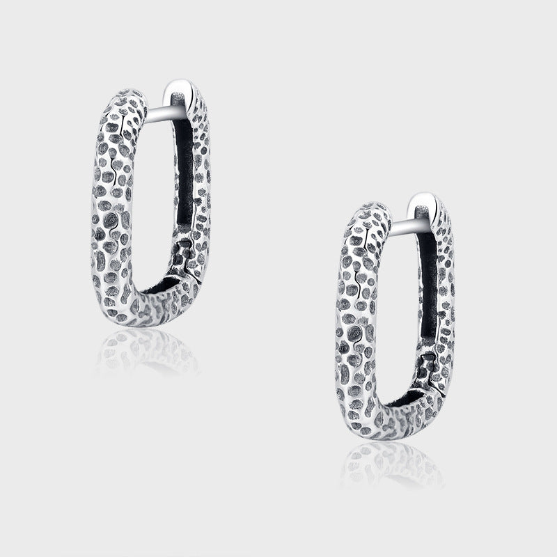 925 Sterling Silver Oval Metallic Bump Texture Geometric Personality Circle Earrings