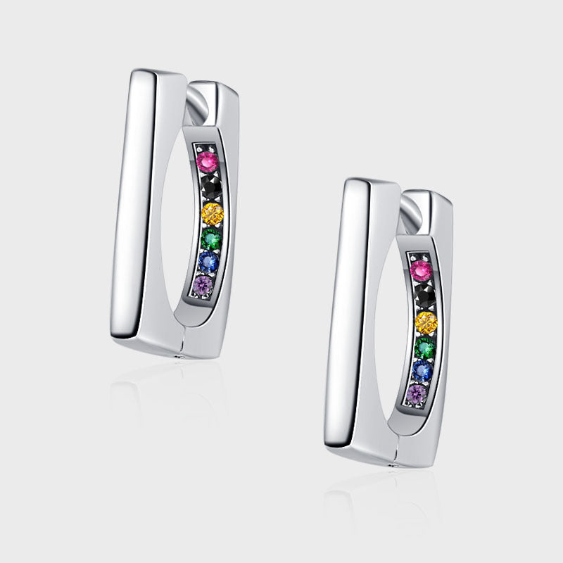 S925 Sterling Silver Geometric Thai Silver Earrings Small And Versatile Square Color Diamond Earrings