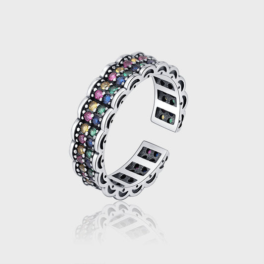 S925 Sterling Silver Vintage Heavy Industry Colorful Diamond Rainbow Ring