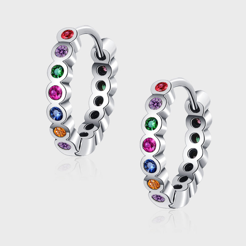 Sterling Silver S925 Small Circle Colored Zircon Earrings Geometric Design