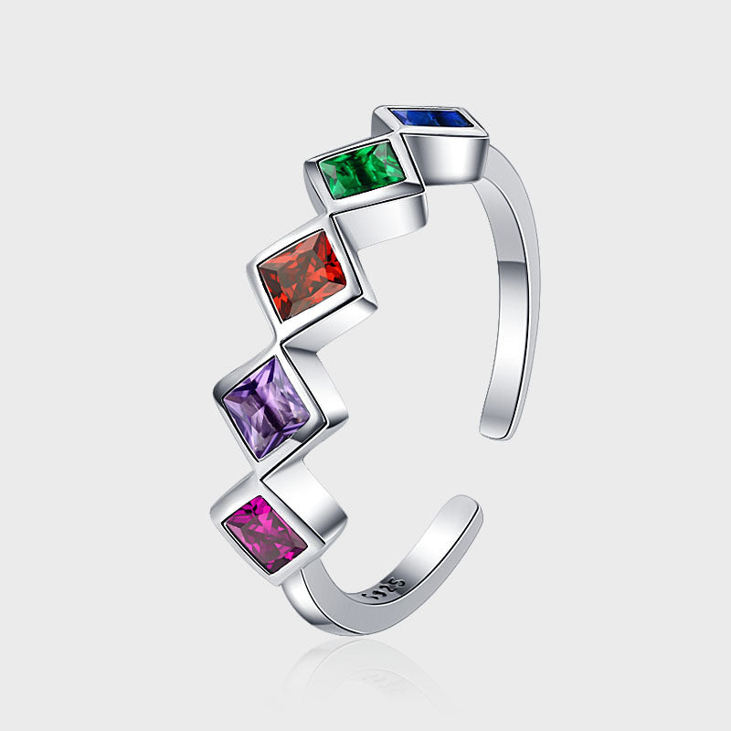 925 Small Design Geometric Rainbow Sterling Silver Inlaid Color Zircon Ring