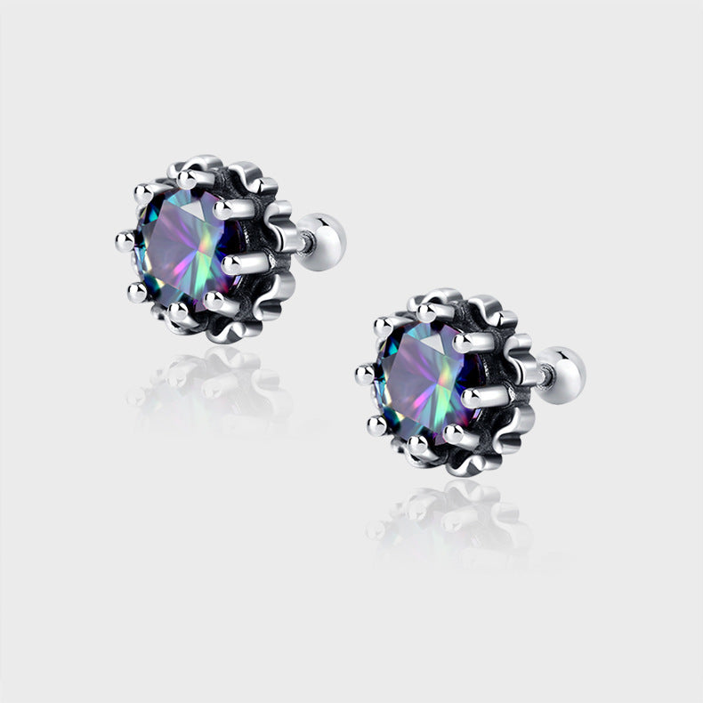 S925 Pure Vintage Inlaid Purple Zircon Crown Silver Screw Earrings Female