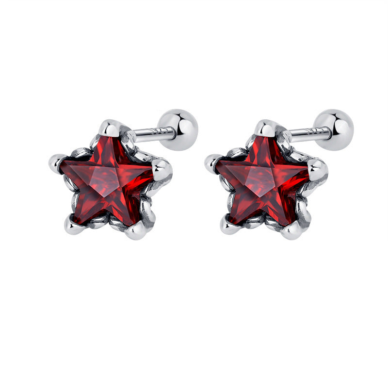 925 Sterling Silver Vintage Distressed Personality Five Point Star Red Diamond Screwed Earrings