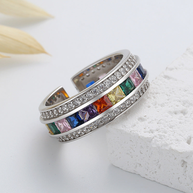 S925 Sterling Silver Light Luxury Set Rainbow Ring Female Colorful Full Diamond