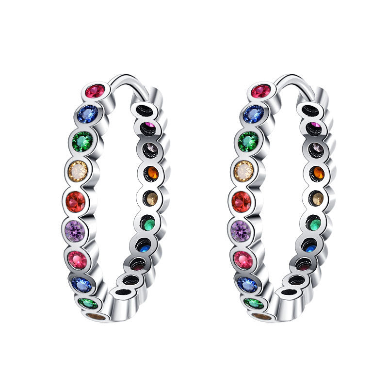 S925 Sterling Silver Large Circle Colorful Zircon Earrings Female