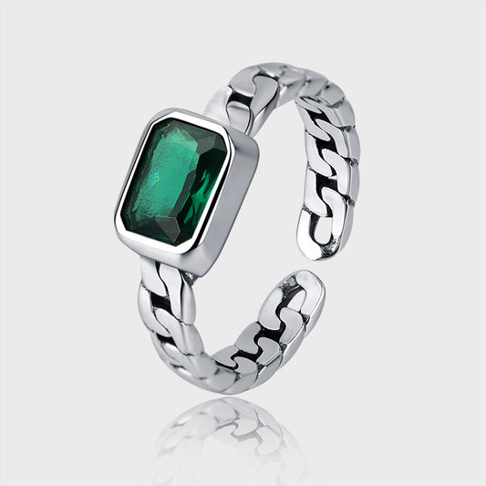 925 Sterling Silver Ring Womens Worn Green Square Zircon