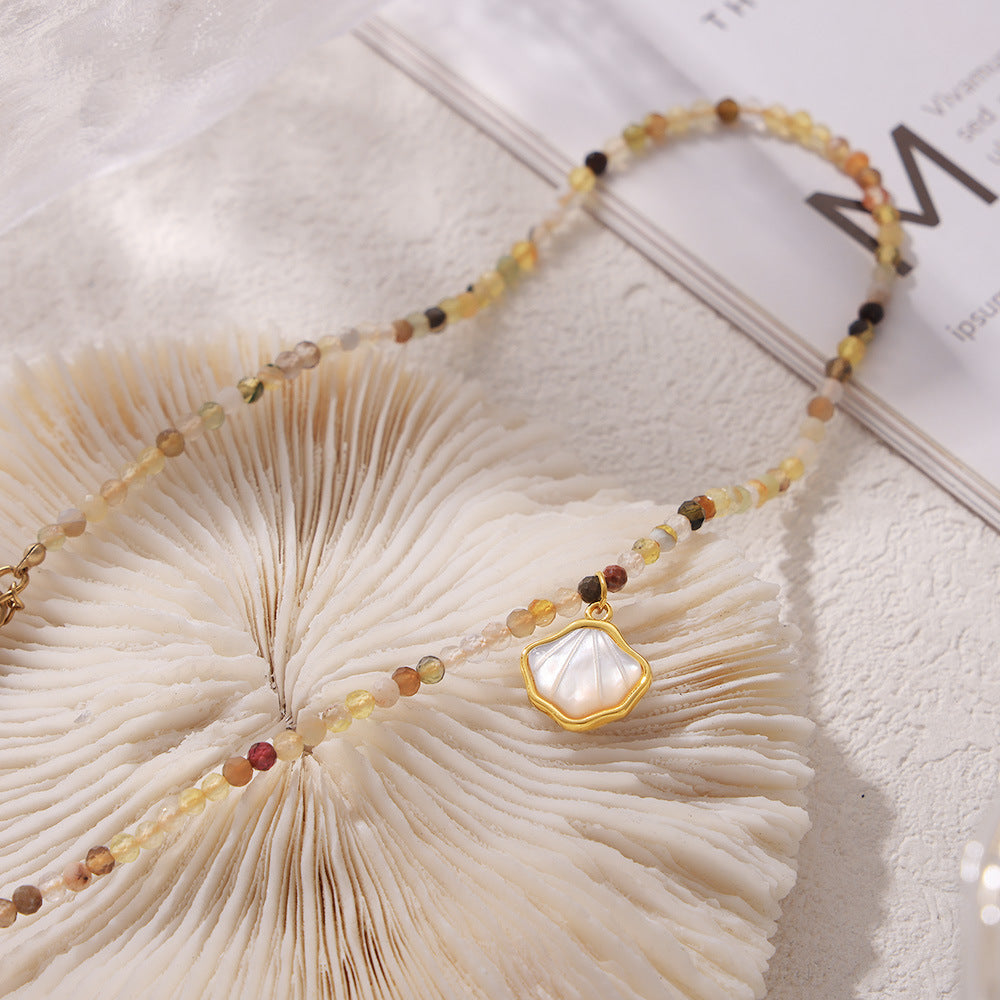 Bohemian White Sea Shell Pendant Natural Stone Beaded Stitching Necklace