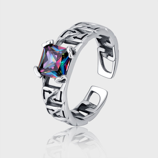 S925 Sterling Silver Vintage Diamond Colorful Zircon Ring