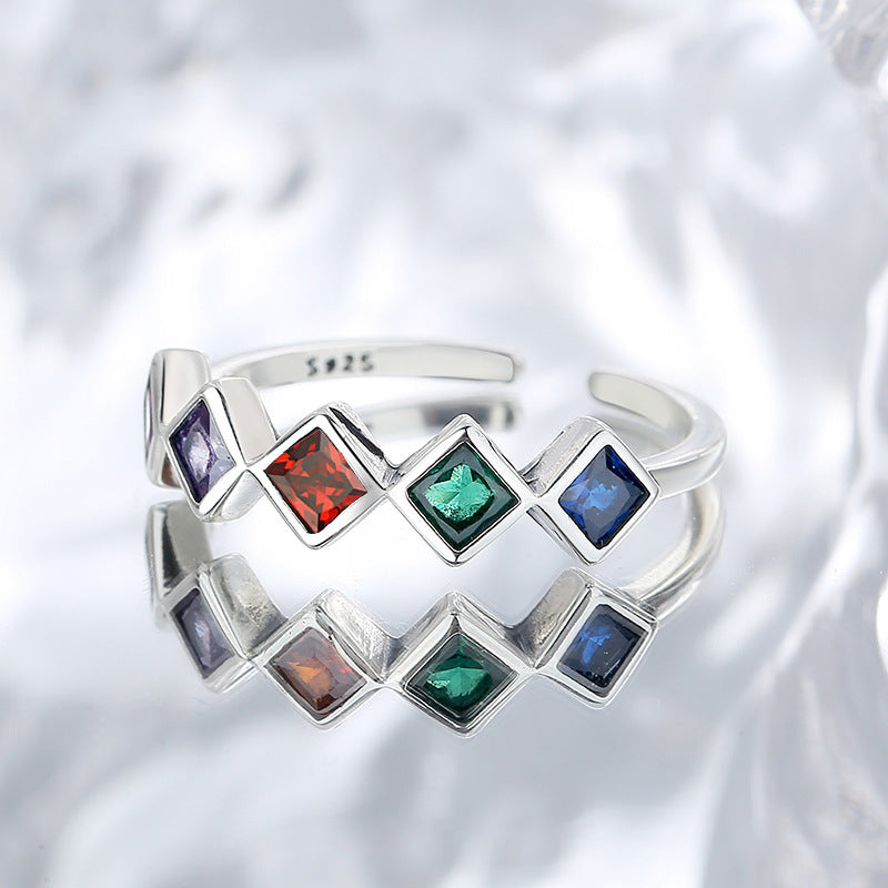 925 Small Design Geometric Rainbow Sterling Silver Inlaid Color Zircon Ring