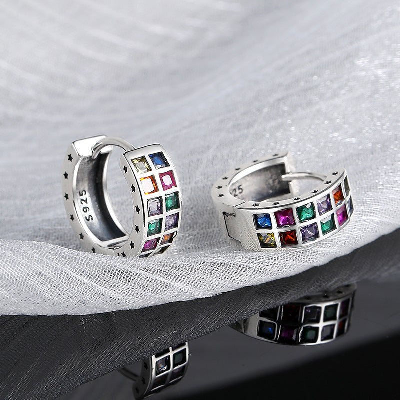 S925 Sterling Silver Fashion Colorful Rainbow Zircon Square Earrings