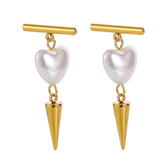 Stainless Steel Heart Pearl Stud Earrings