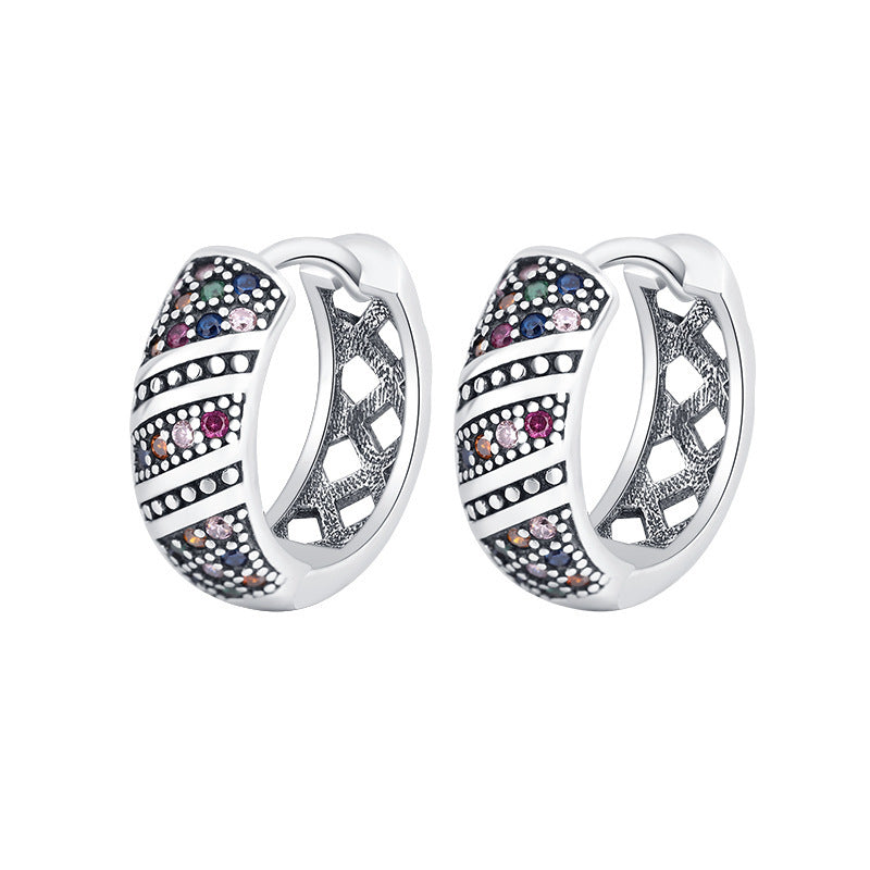 Delicate Retro Thai Silver Chaoren Ring Earrings With Micro Inlaid Colorful Zircon Earrings