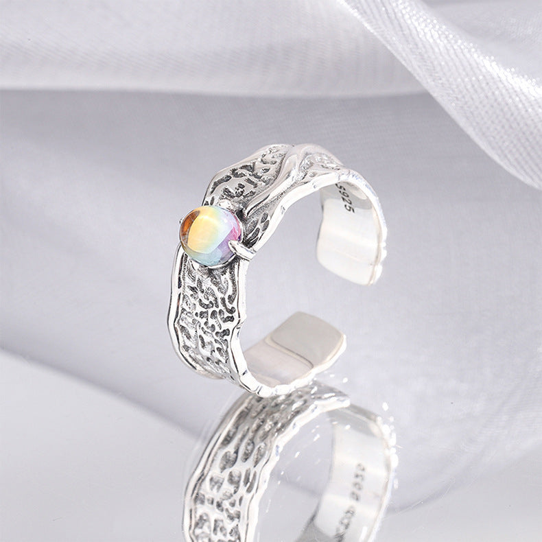 S925 Sterling Silver Minority Irregular Texture Cool Wind Moonlight Stone Claw Set Ring Girl