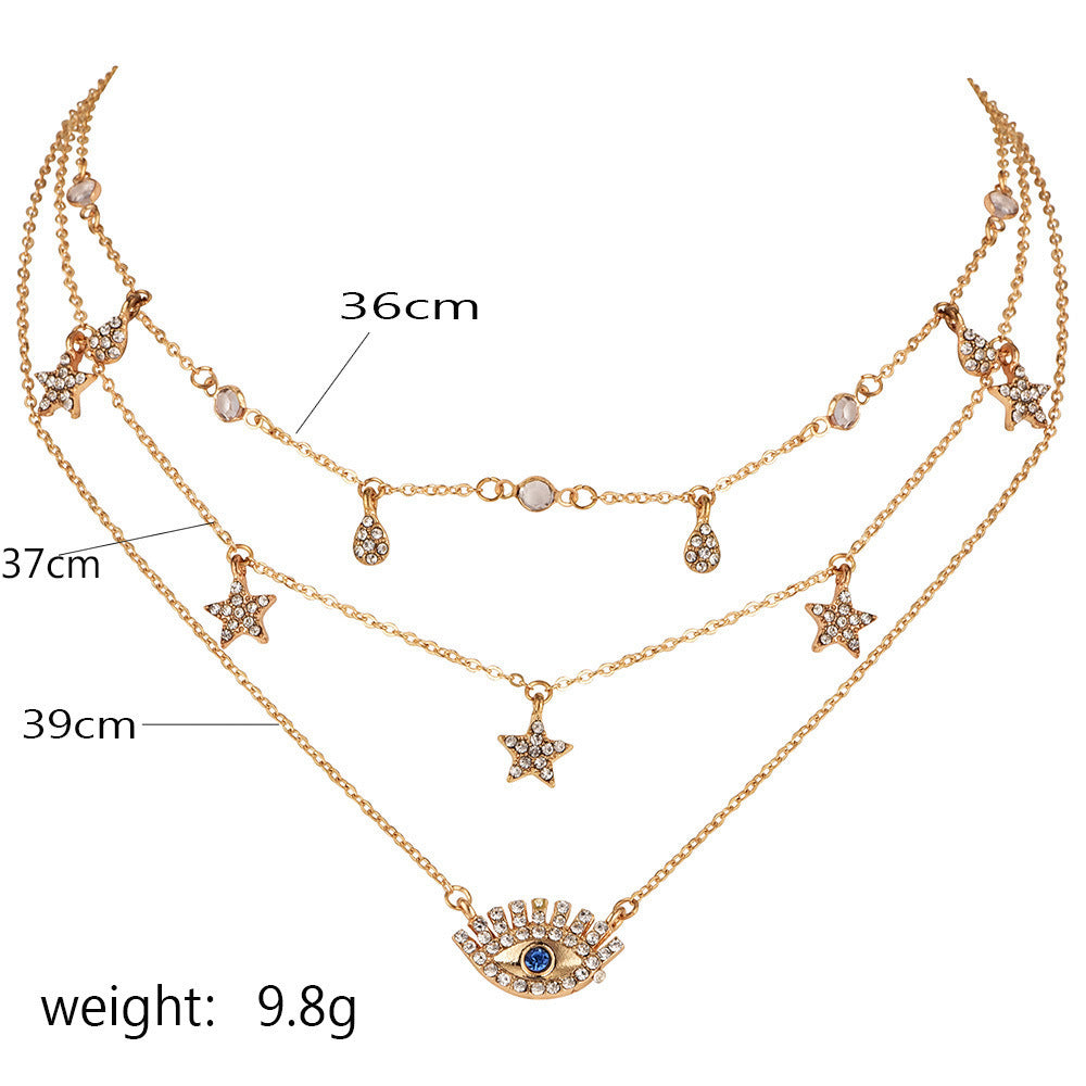 Women's Miraculous Multi-layer Long Necklace with Turkish Eye Pendant, Fashion Crystal Star and Water Drop Necklace