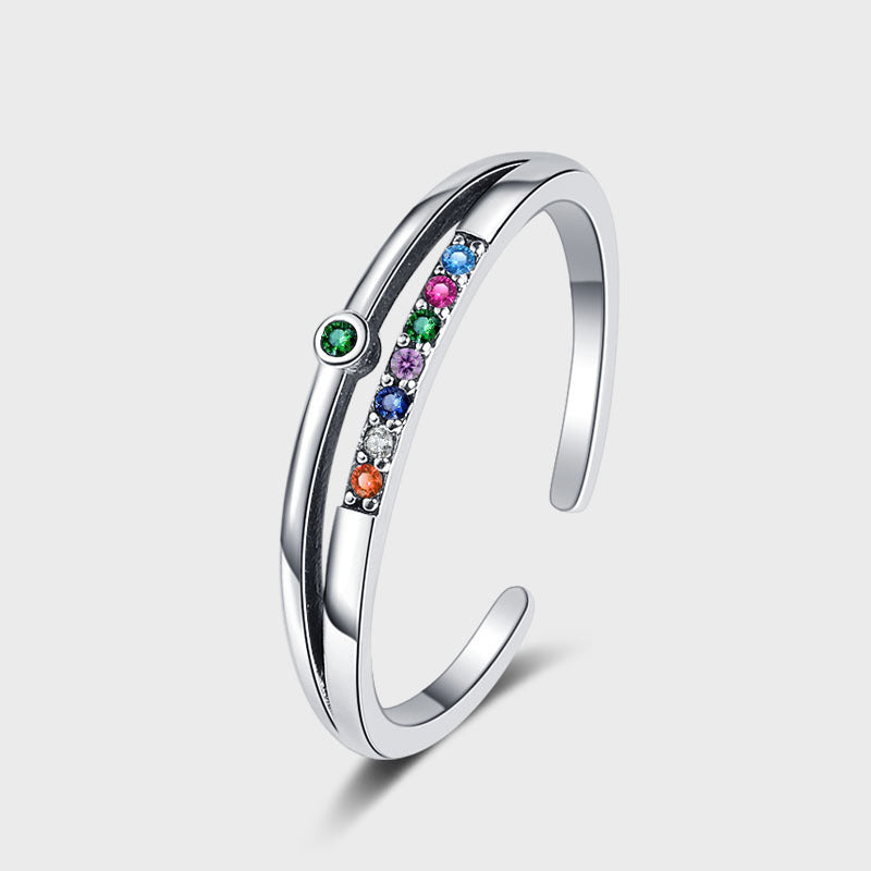 S925 Sterling Silver Retro Set Rainbow Zircon Double Layer Ring