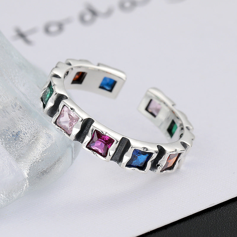 S925 Sterling Silver Square Colorful Zircon Ring Female Hip Hop Retro