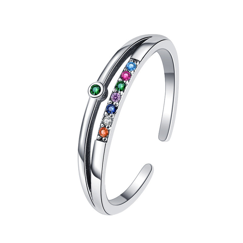 S925 Sterling Silver Retro Set Rainbow Zircon Double Layer Ring