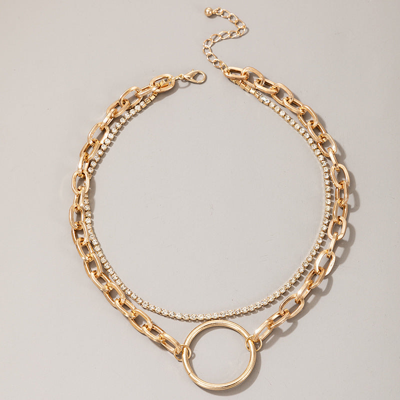 Thin and Thick Chain Hollow Necklace with Diamond Circle