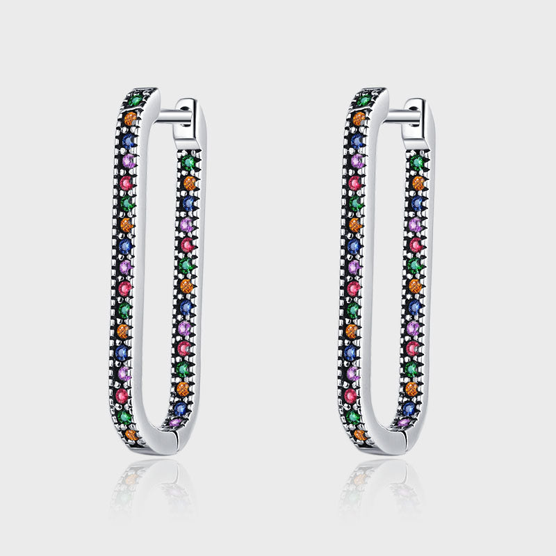 Diamond Inlaid Rectangular S925 Sterling Silver Vintage Wear Geometric Earrings