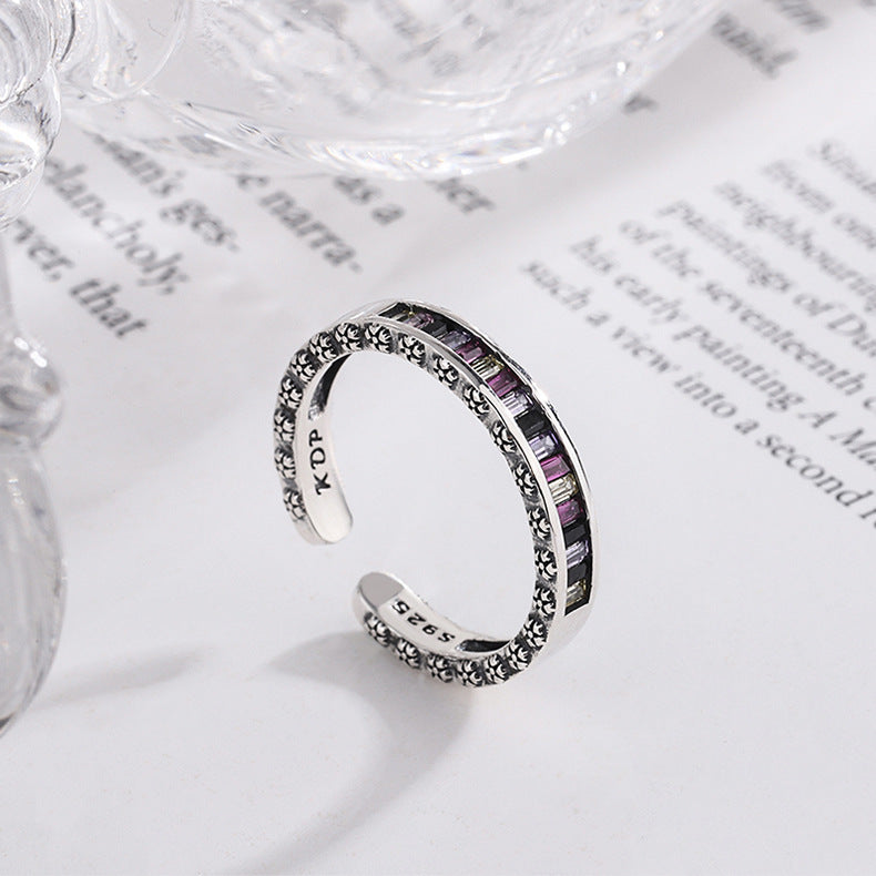 S925 Sterling Silver Heavy Industry Rainbow Zircon Ring Girl