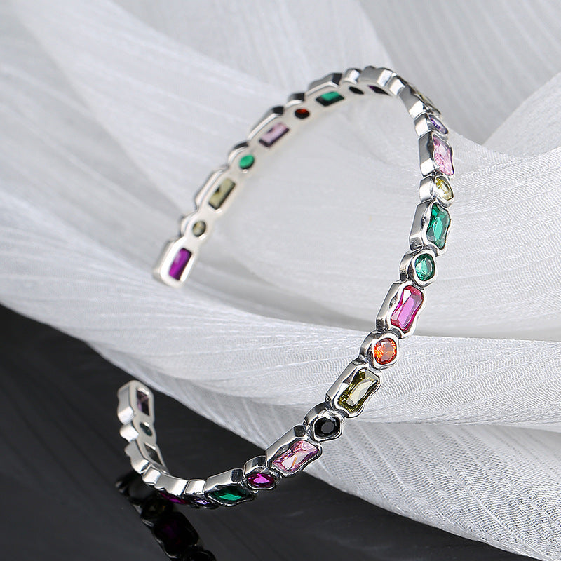 925French Vintage Vintage Style Geometric Diamond Inlaid Rainbow Zircon Sterling Silver Heavy Industry Irregular Bracelet