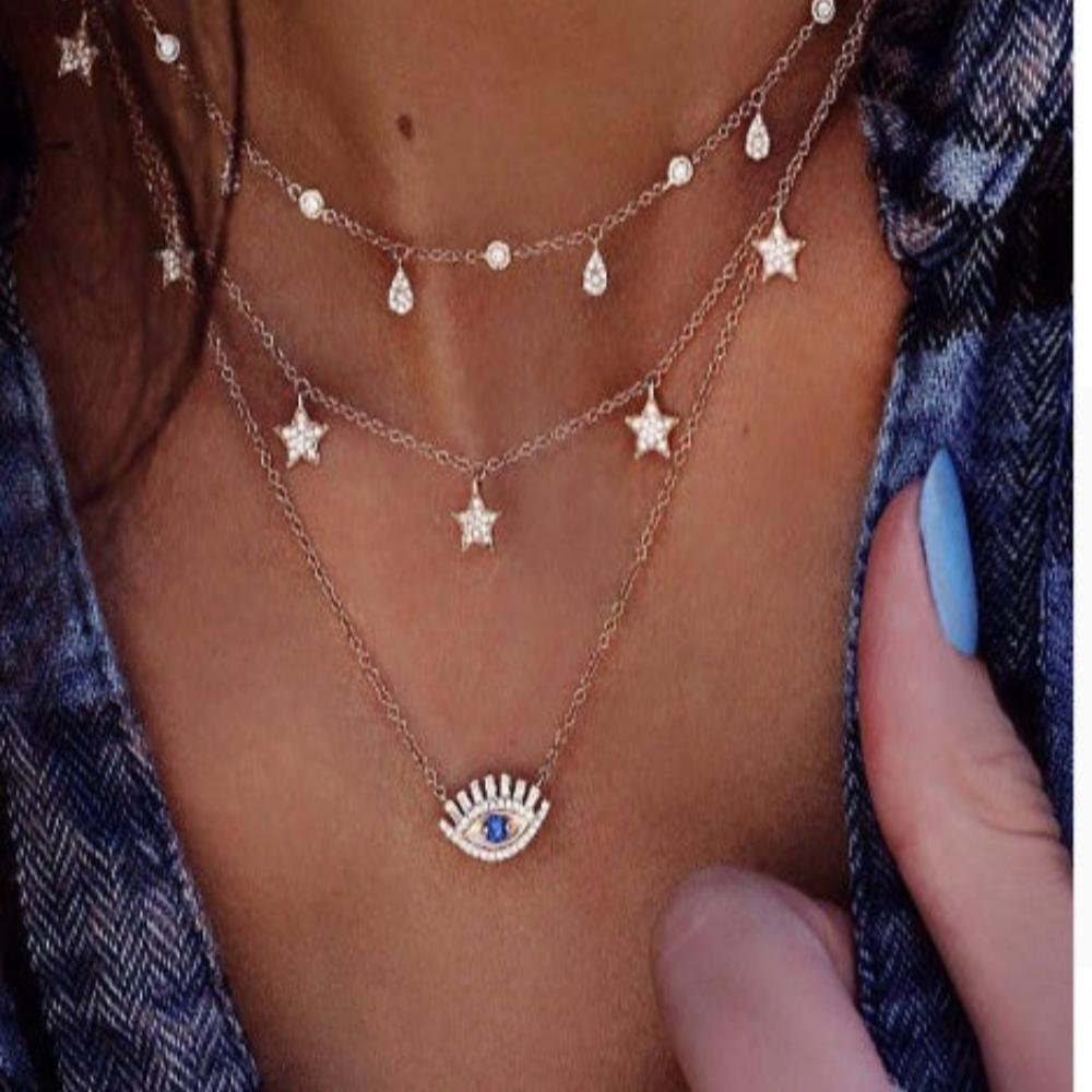 Women's Miraculous Multi-layer Long Necklace with Turkish Eye Pendant, Fashion Crystal Star and Water Drop Necklace