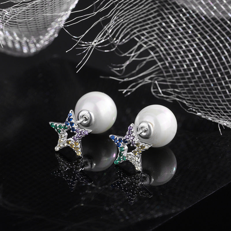 S925 Sterling Silver Pearl Zircon Five Pointed Star Color Diamond Front And Rear Multiple Wearing Earrings