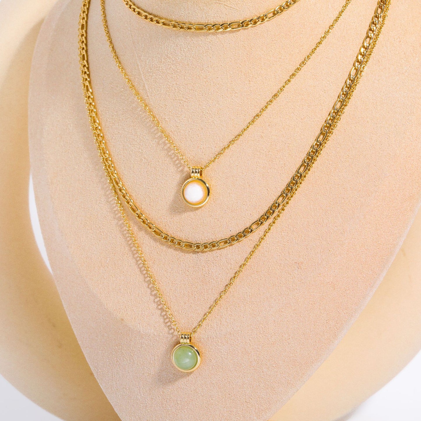 Minimalist Natural Stone & Gemstone Double-layer Necklace with Green Aventurine and Figaro Titanium Steel Chain