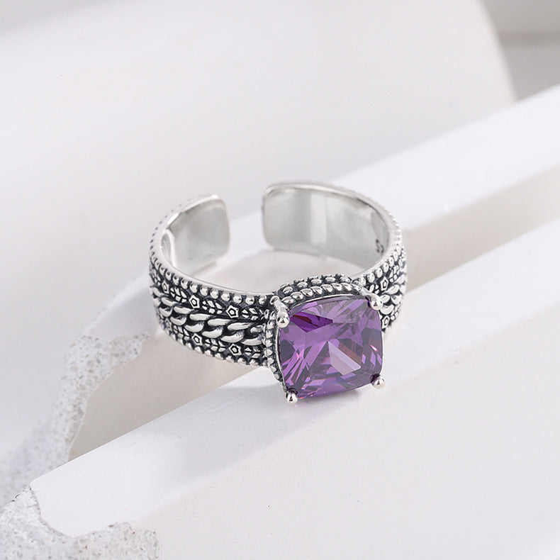 S925 Sterling Silver Square Crystal Purple Simple Fried Dough Twist Temperament Heavy Industry Vintage Ring