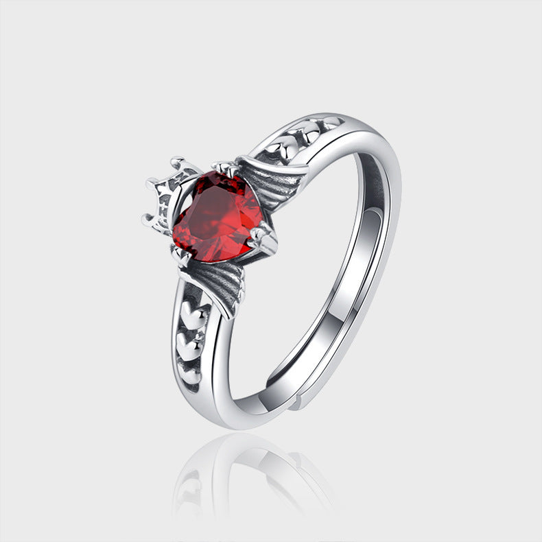 French S925 Silver Personality Love Crown Ring Female Hip Hop Ruby