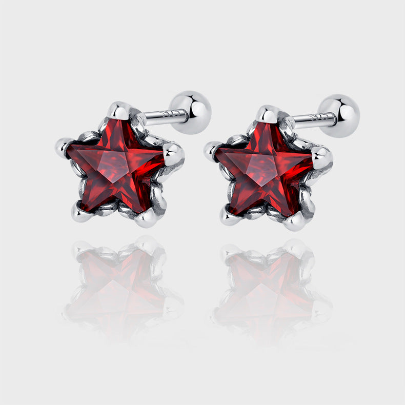 925 Sterling Silver Vintage Distressed Personality Five Point Star Red Diamond Screwed Earrings