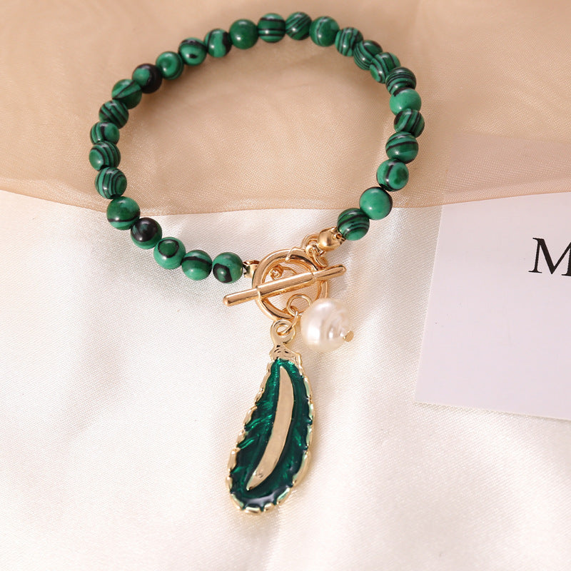 Unique Vintage Fashion Malachite Leaf & Pearl Jewelry