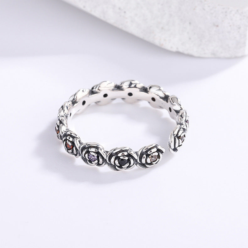 S925 Silver 3D Flower Ring Women's Retro Fashion