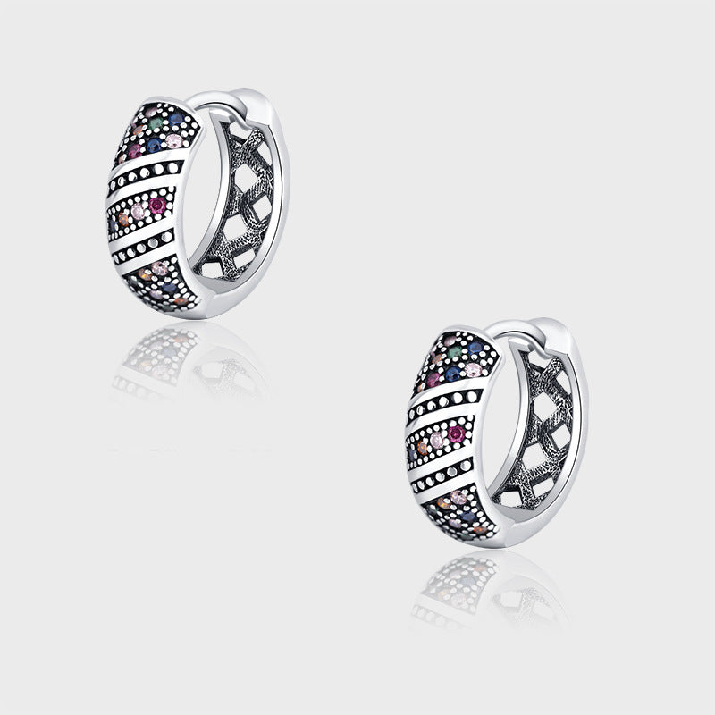 Delicate Retro Thai Silver Chaoren Ring Earrings With Micro Inlaid Colorful Zircon Earrings