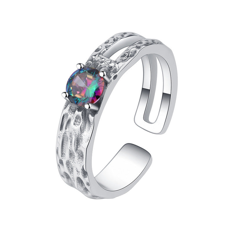 925 Sterling Silver Colorful Zircon Hollow Out Irregular Texture Ring