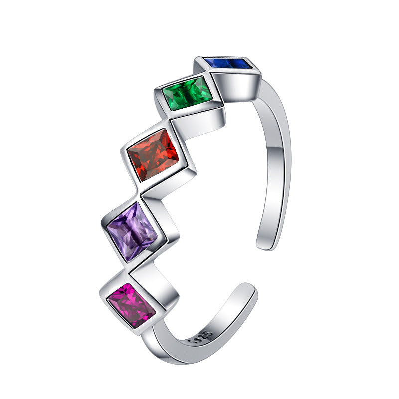 925 Small Design Geometric Rainbow Sterling Silver Inlaid Color Zircon Ring